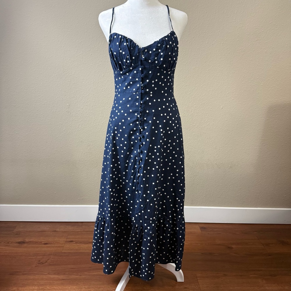 Zara Linen Blend Polka Dot Slip Midi Dress Navy - Picture 4 of 10